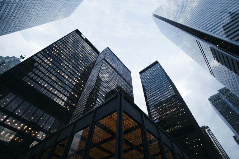 Aerial view of modern corporate skyscrapers and urban business district